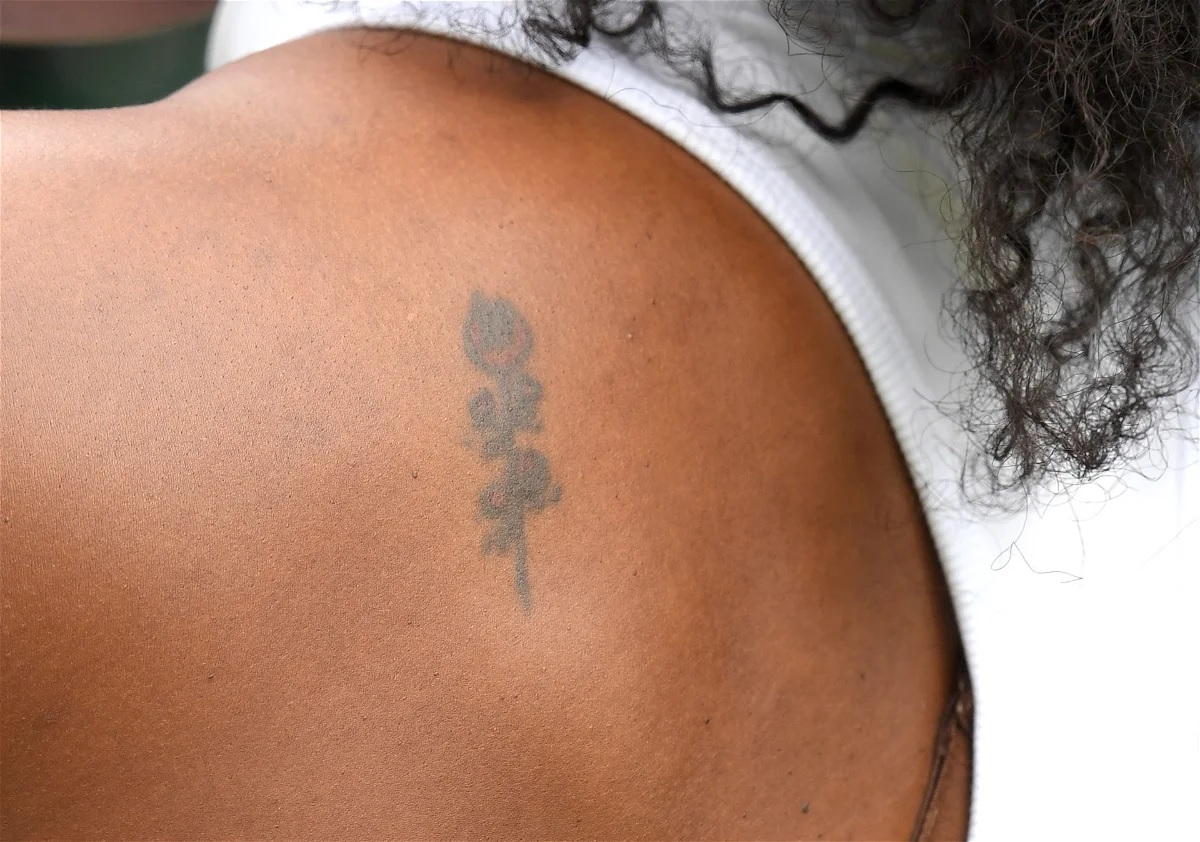 Serena Williams, tattoo detail, during day five of the Wimbledon Tennis Championships at Wimbledon