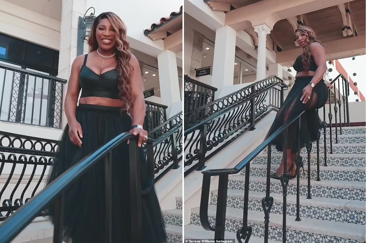 Serena Williams took to Instagram on Friday to share a fun clip of her sliding down a banister in heels and a tulle skirt pics