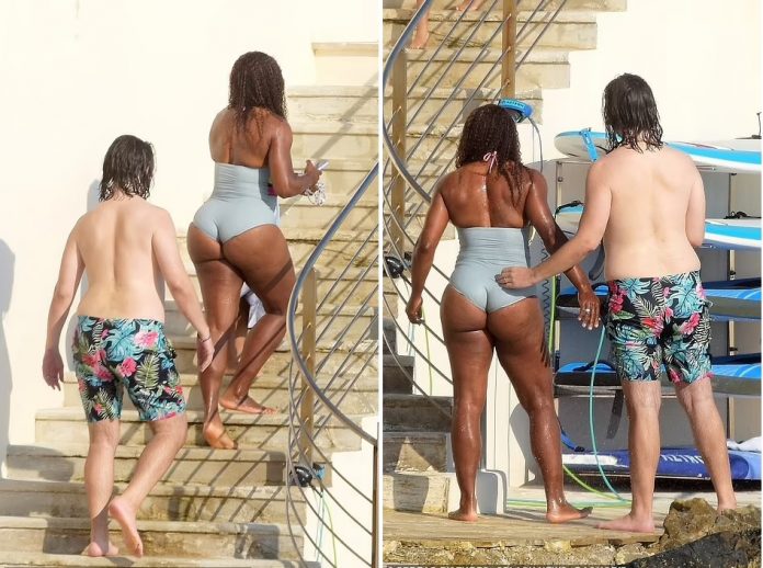 Serena Williams and Alexis Ohanian After larking around for some time, the married couple turned around and headed back up the stone staircase