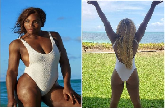 Serena Williams shows off her backside in a white swimsuit